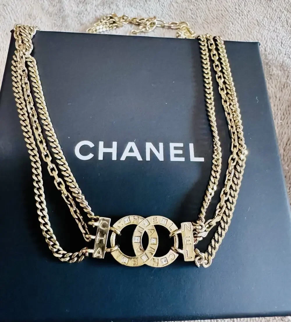 CHANEL 04A CC Logo Multi-Chain Choker Necklace Gold-Tone Strass “CHA NEL” w/ Box